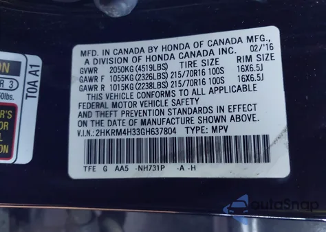 2016 Honda Cr-V Lx z USA, uszkodzony, nr VIN 2HKRM4H33GH637804